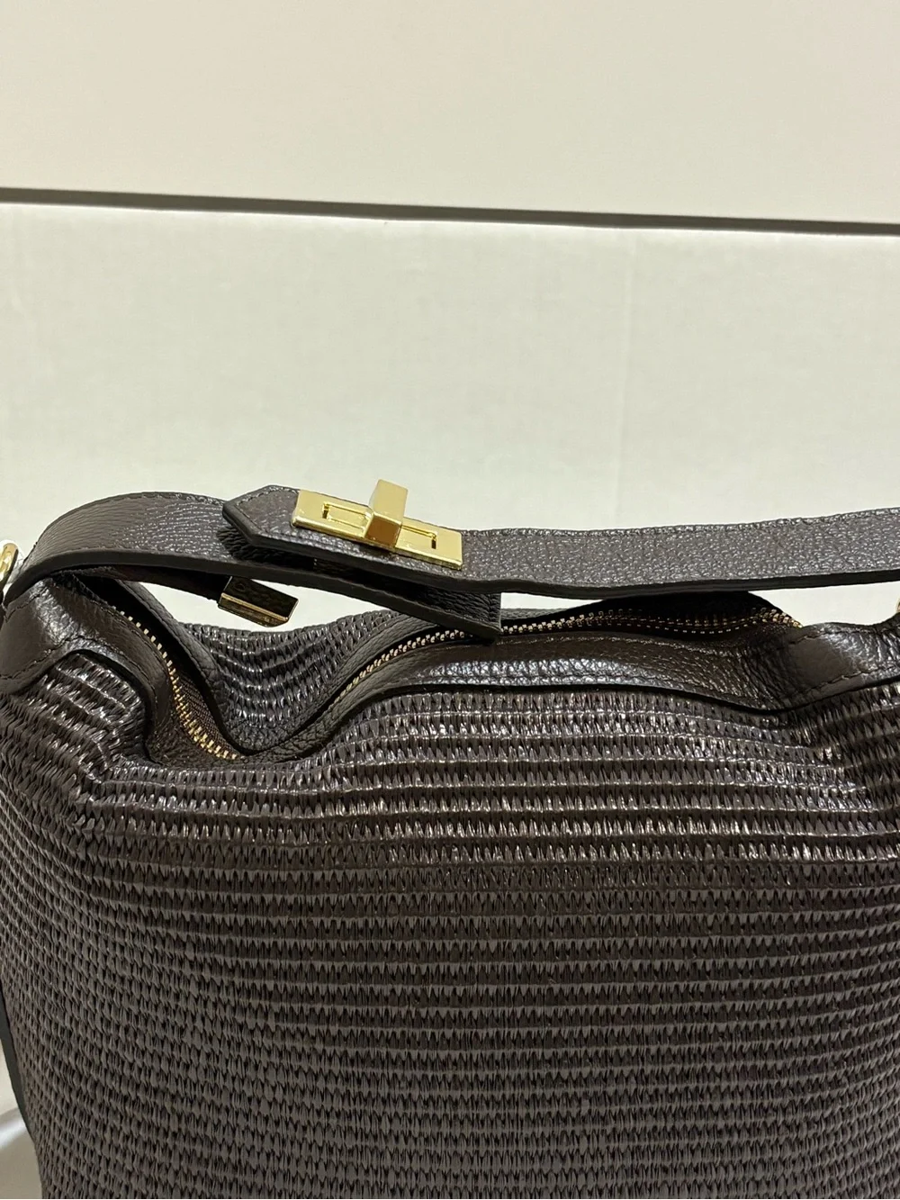 Woven Shoulder Bag in Dark Brown with Gold Hardware - Picture 3 of 6